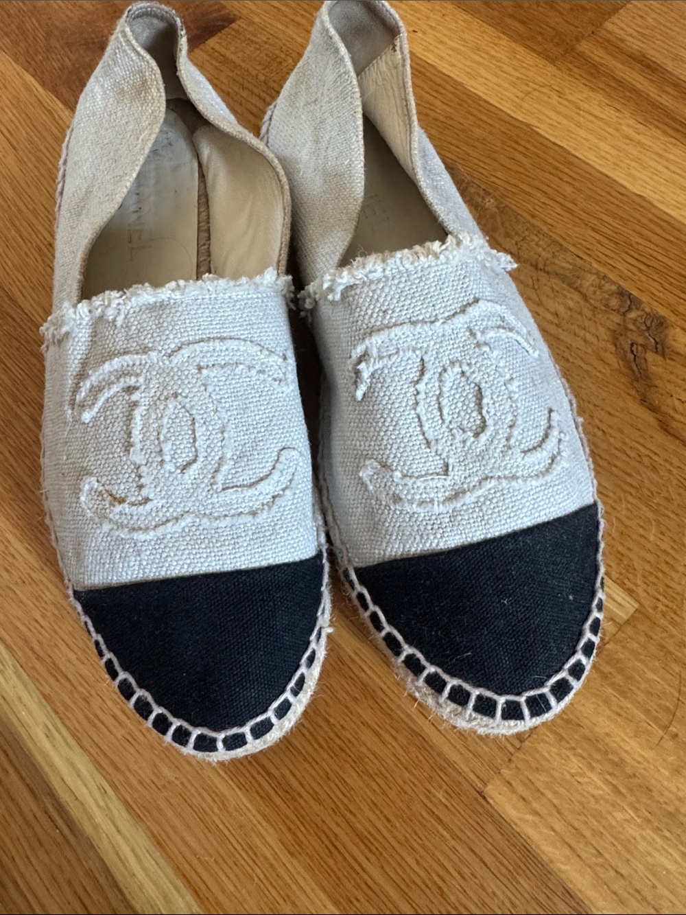 CHANEL Cream and Black Canvas Espadrilles